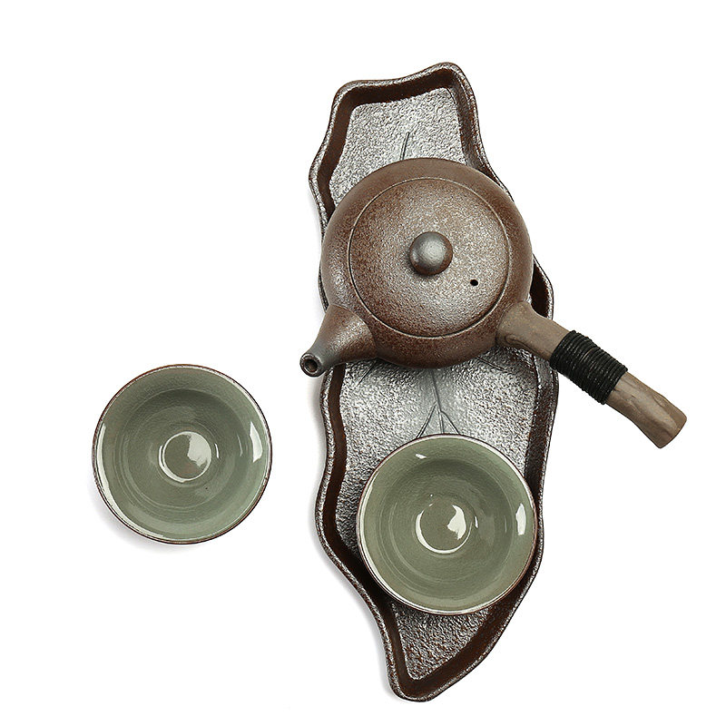 龙浔日式简约侧把快客杯一壶二杯粗陶瓷旅行功夫茶具套装茶盘家用