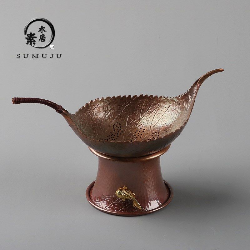 日式全手工纯铜树叶茶漏创意紫铜茶滤复古茶隔茶托红铜茶叶过滤器