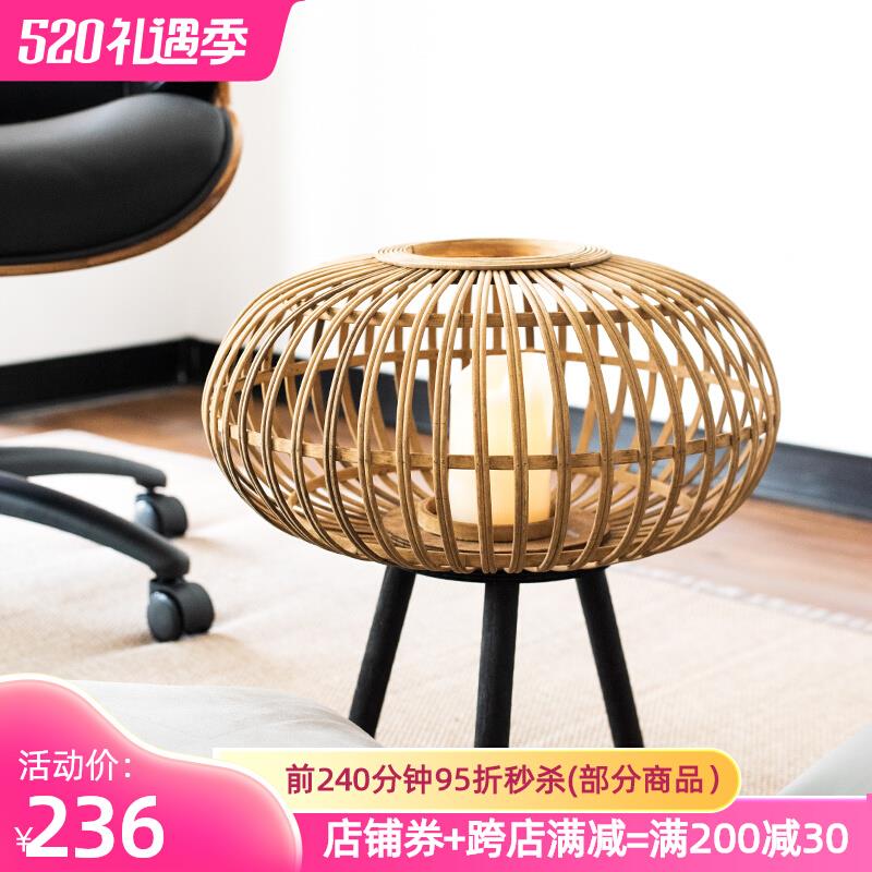JK慕空间复古木质手工竹编风灯落地烛台灯笼民宿中式庭院装饰摆件