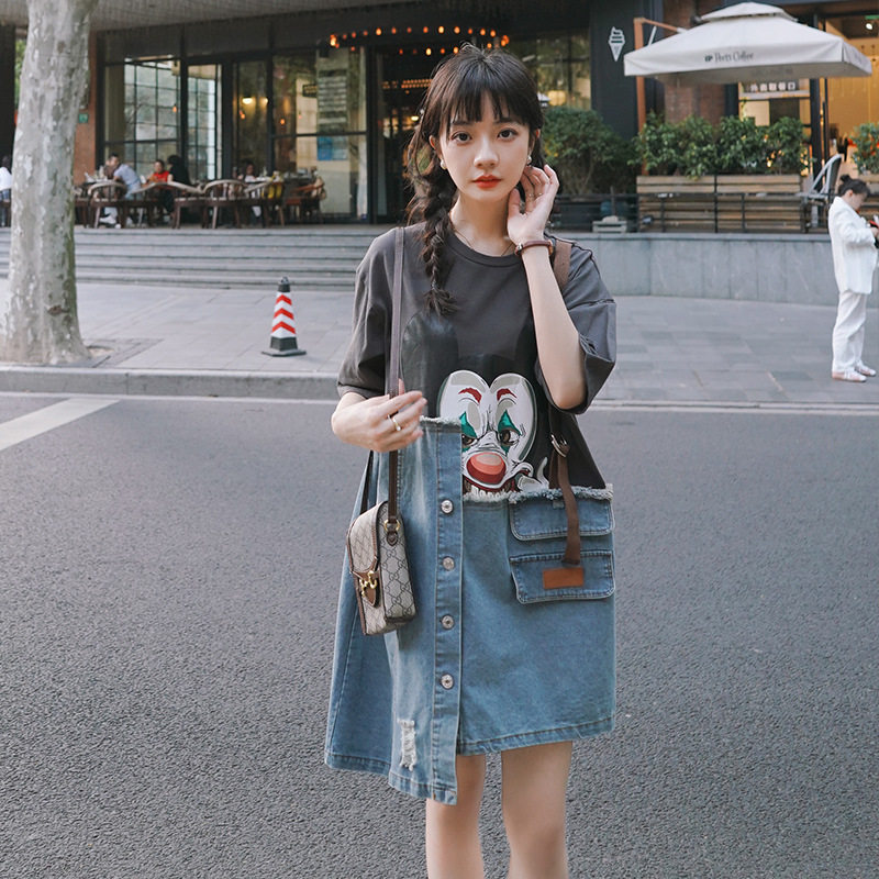 实拍甜酷少女牛仔连衣裙