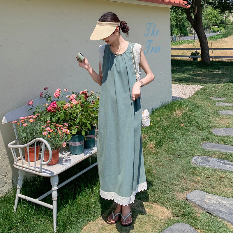实拍蓝色无袖连衣裙女夏