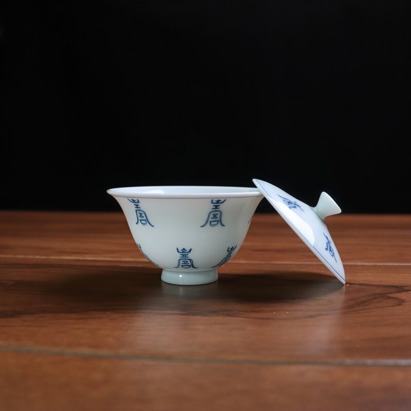 青花寿字纹盖碗茶杯 陶瓷功夫茶具 家用泡茶碗 复古文人器