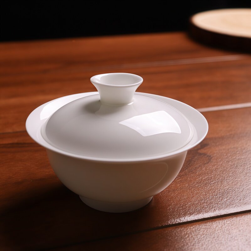 高骨瓷扁舟两才盖碗纯色陶瓷茶具家用简约白色现代泡茶杯功夫茶具