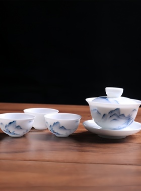 潮汕羊脂玉白瓷陶瓷手绘山水单个盖碗带盖茶杯三才碗茶具防烫茶碗
