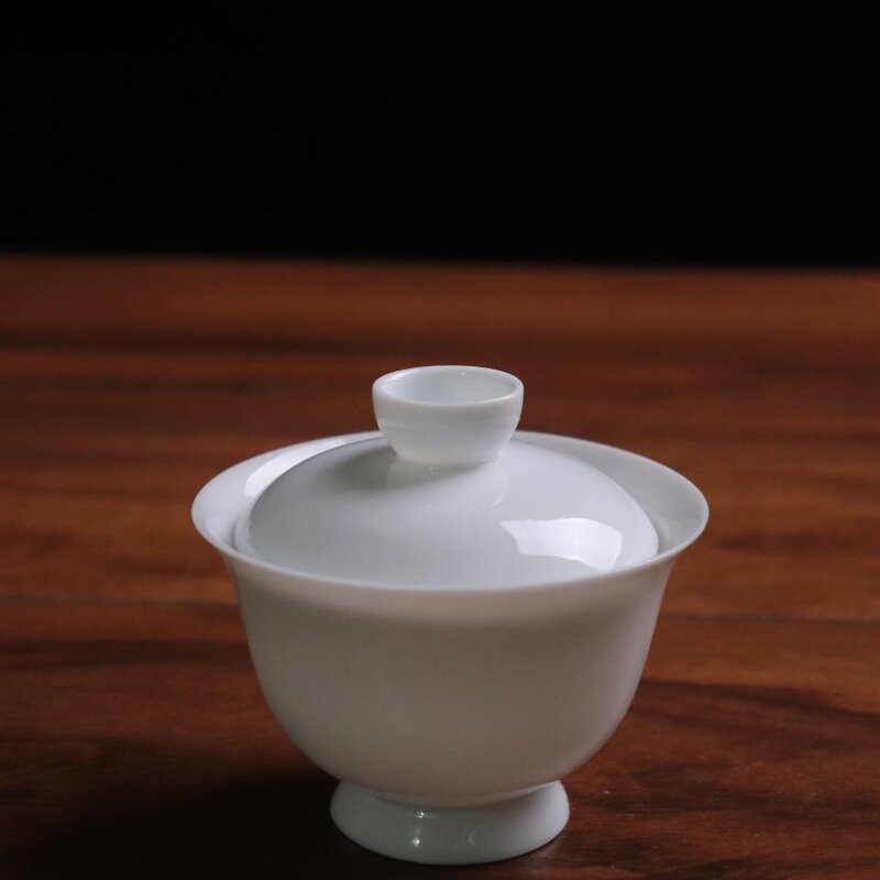潮汕羊脂玉薄胎高足二才盖碗单个家用简约泡茶功夫泡茶碗手抓壶