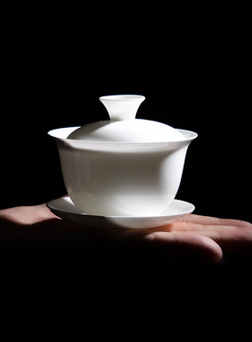 潮汕骨瓷盖碗茶杯纯白不烫手工夫茶碗超薄胎透光单个家用三才盖碗