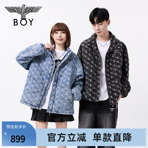 BOYLONDON冬季短款情侣棉服潮牌外套提花保暖水洗牛仔棉衣N29901