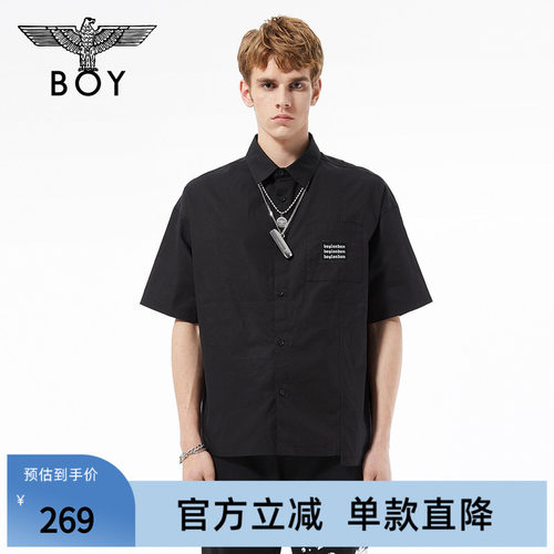 BOYLONDON潮牌短袖男女同款字母印花黑色宽松休闲百搭衬衫N22900