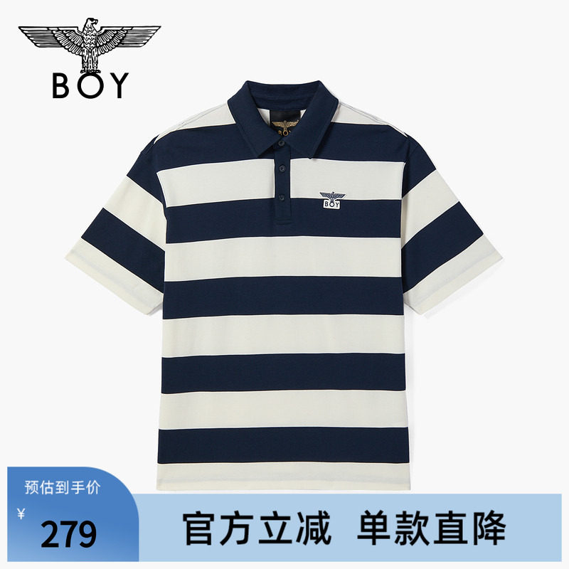 BOYLONDON夏季蓝白撞色横条纹短袖POLO衫男女宽松纯棉T恤N01083图片