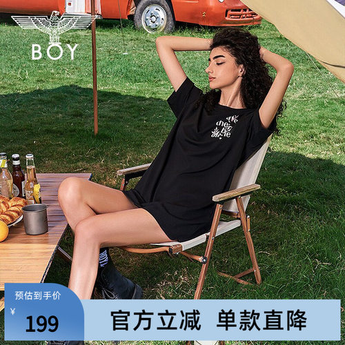 【月桂女神】BOYLONDON夏女连衣裙月桂叶印花显瘦黑色T恤