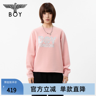 【桃雾波纹】BOYLONDON春季时尚女款卫衣简约印花长袖上衣W03913