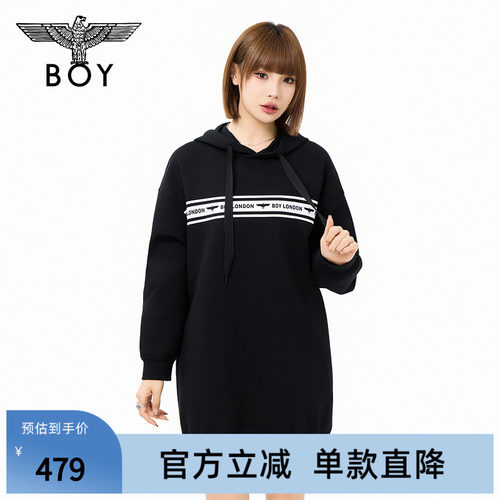 BOYLONDON女款简约黑色印花经典时尚潮牌休闲长袖连衣裙W17908