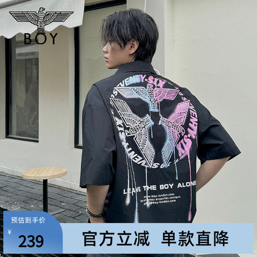 BOYLONDON夏季男女同款短袖炫彩三鹰标印花潮酷衬衫N22003