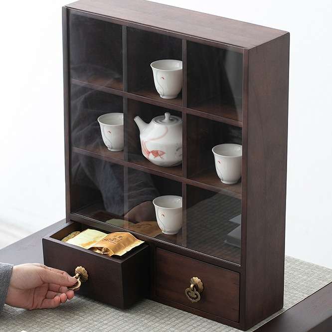 胡桃木茶杯个人茶壶收纳柜实木防尘茶具储物柜桌面咖啡杯置物架