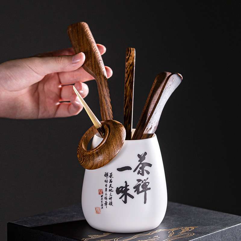 赢匠羊脂玉德化白瓷实木茶道六君子套装陶瓷多功能收纳桶花瓶配件
