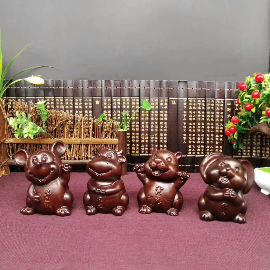 木雕黑檀木十二生肖茶盘家居摆设12只马牛龙兔虎鼠羊猪狗鸡蛇猴