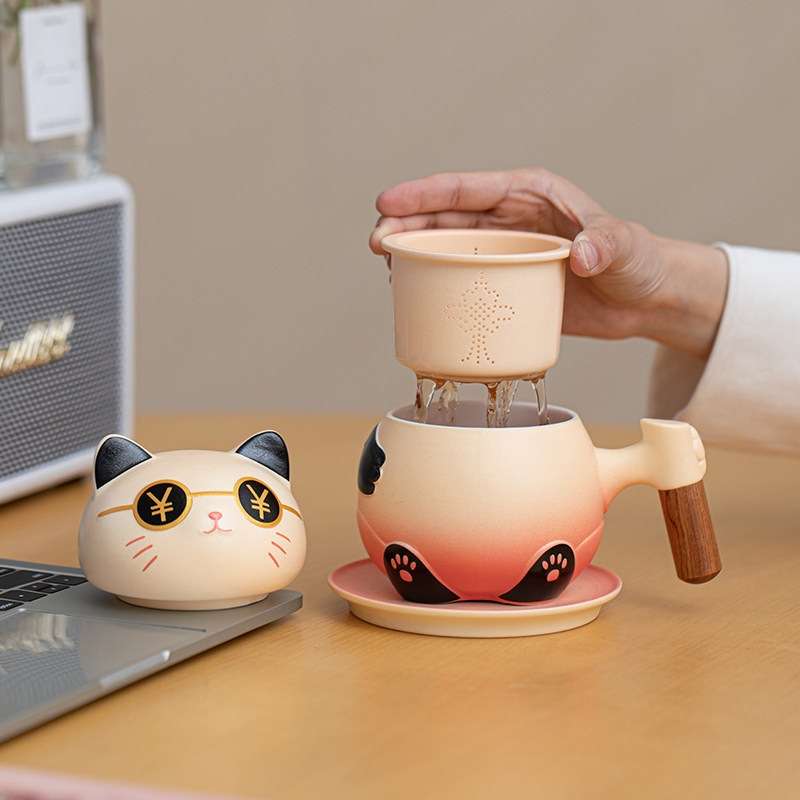 萌趣猫咪陶瓷泡茶杯家用办公室带盖过滤可爱女士个性茶水分离杯子