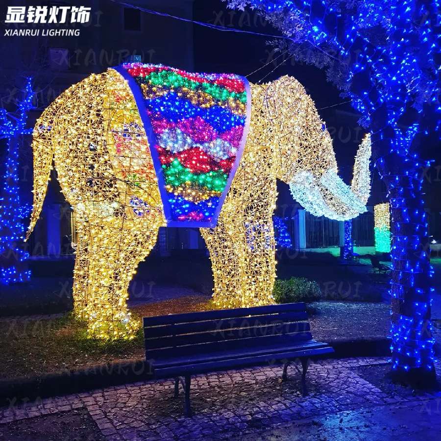 景区LED大象装饰灯滴胶动物灯3D仿真动物防水长牙象猛犸小品灯