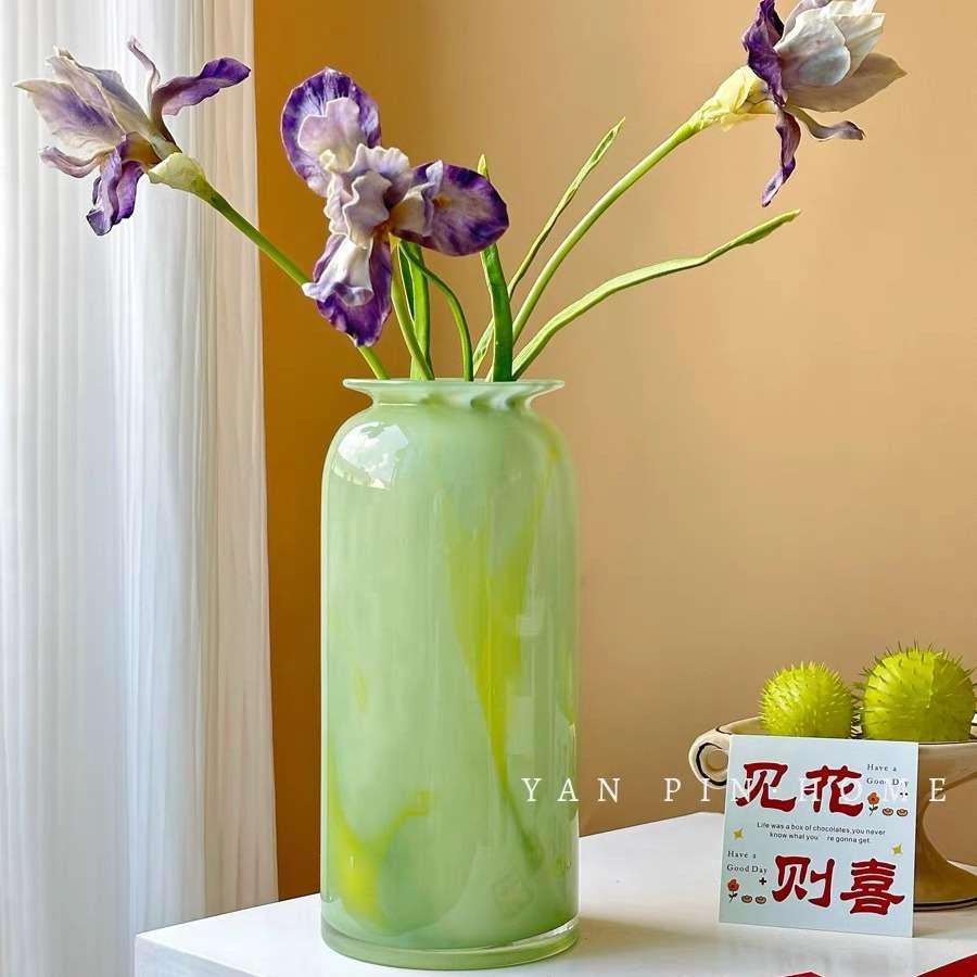 绿色玉感百合水养插花瓶摆件客厅新中式琉璃鲜花器玻璃摆件