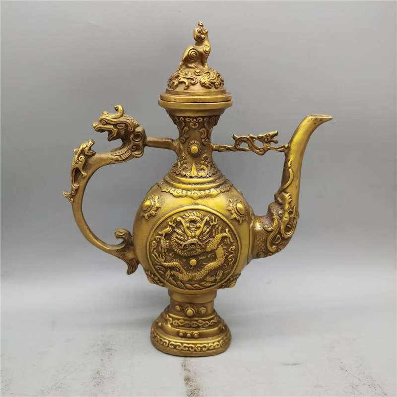 仿古纯铜双龙酒壶茶壶浮雕龙壶客厅家居装饰工艺品桌面摆件
