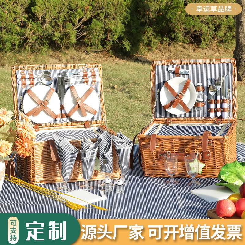 现货代发露营手提野餐篮 家用户外网红带餐具带野餐垫柳编野餐筐
