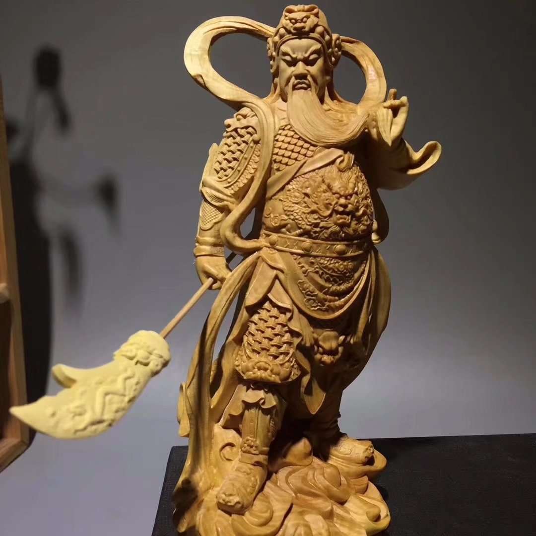 黄杨木雕左右护法木质神像 韦陀尊者关公伽蓝菩萨门神摆件