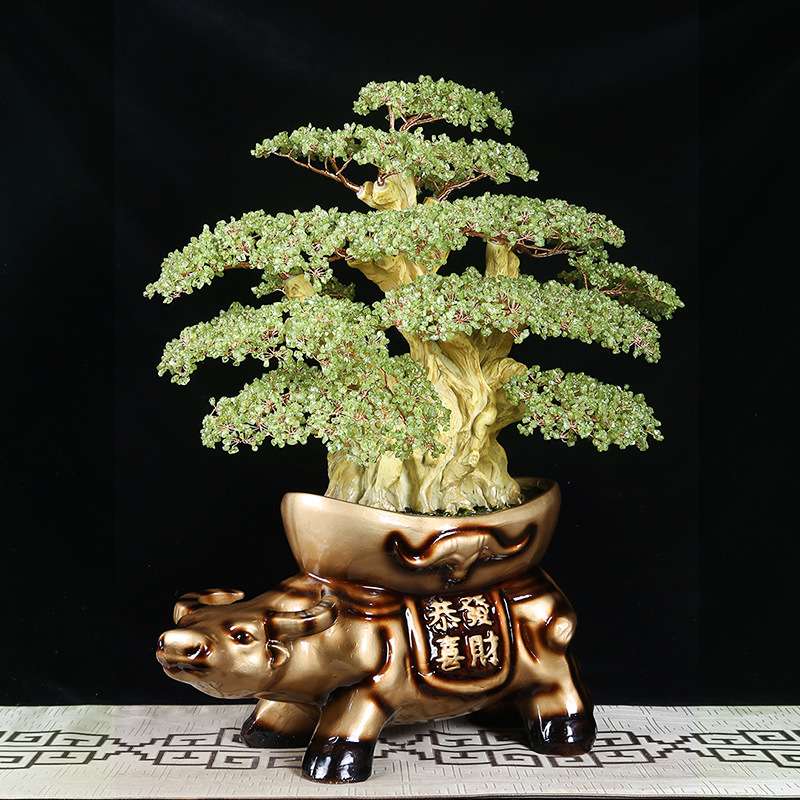 牛气冲天大号天然黄水晶橄榄石加密小颗粒招财摆件家居恭喜发财树