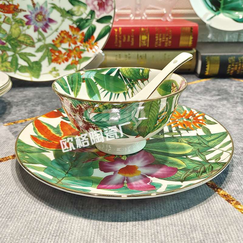 跨境欧式插画风骨瓷36件热带雨林餐具碗碟套装菜盘子碗面碗鱼盘瓷