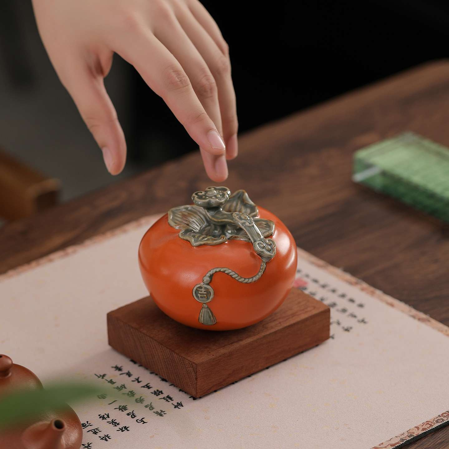 事事如意陶瓷小柿子茶宠摆件精品可养茶桌装饰品茶道配件盖置盖托