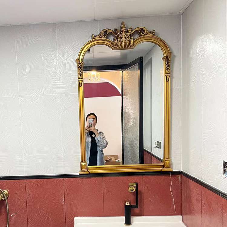 法式复古浴室化妆镜台式雕花桌面欧式梳妆镜美式壁炉装饰镜子挂墙