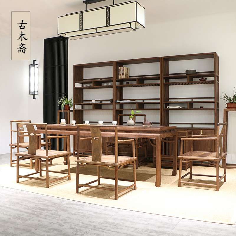 新中式黑胡桃茶桌椅组合老榆木免漆茶台禅意泡茶台实木茶室家具
