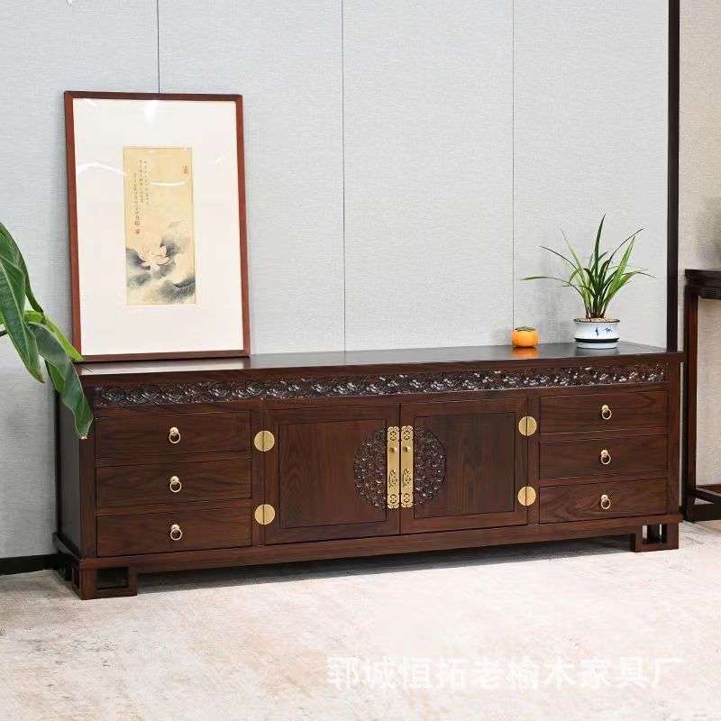 老榆木电视柜新中式客厅低柜全实木矮柜原木地柜复古雕花收纳厅柜