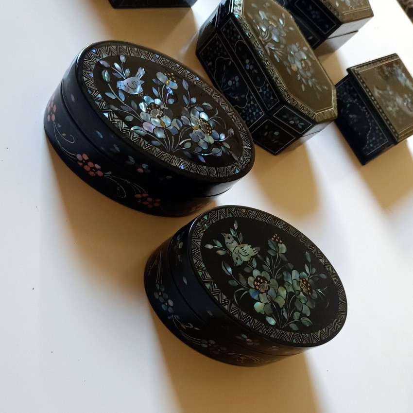 非遗螺钿漆器椭圆型收纳盒贝壳镶嵌心形饰品盒镶贝异形首饰盒加工