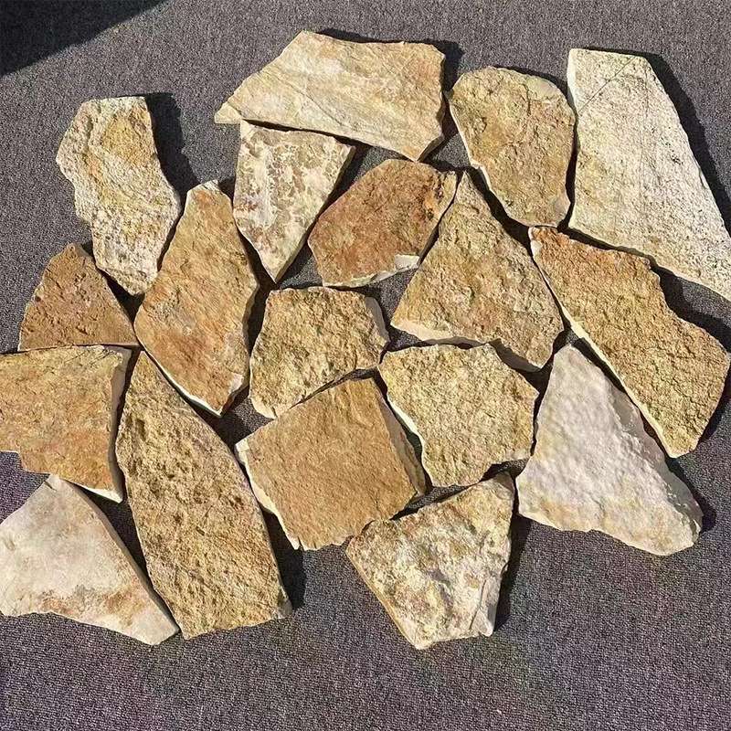 不规则黄木纹碎拼石庭院装修地铺石墙面装饰文化石黄绣石