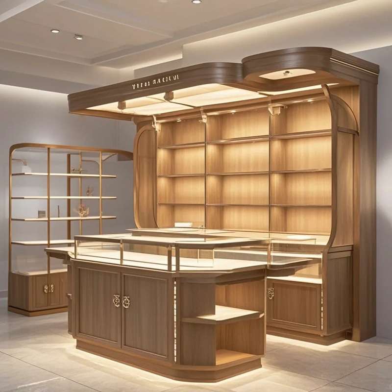 复古实木带灯整店展示柜 高档产品多层展示陈列柜 落地展示架货柜