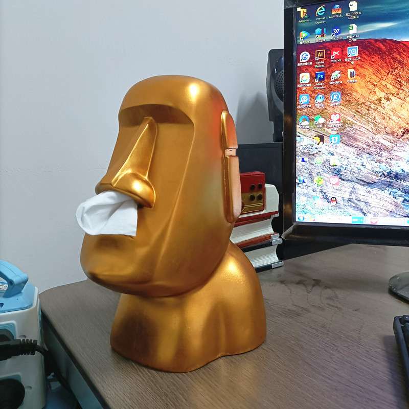 金色鼻子纸巾抽纸巾盒桌面摆件抽纸树脂工艺品装饰呆萌moai石像礼
