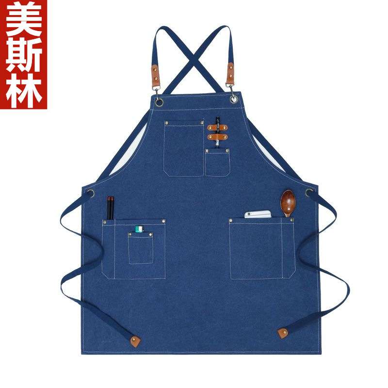 印logo围裙纯棉帆布牛仔皮肩带餐厅啡师师奶茶店理发师花艺工作服