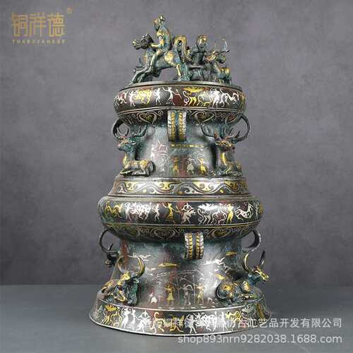 仿古青铜器错金银战国纺织场面贮贝器铜器摆件送礼工艺品厂家直销