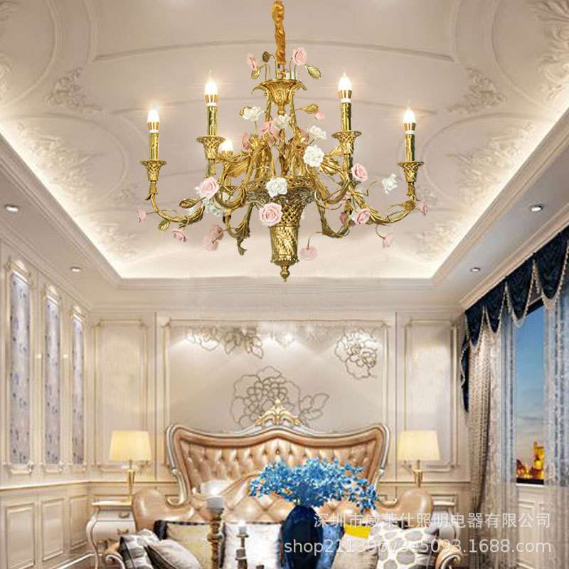 法式全铜吊灯欧式宫廷卧室别墅奢华客厅餐厅书房陶瓷装饰水晶灯具