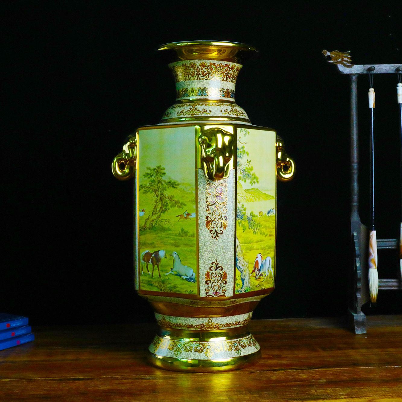 景德镇中式仿古描金瓷器陶瓷花瓶家居瓷器装饰摆件骏马图四方瓶