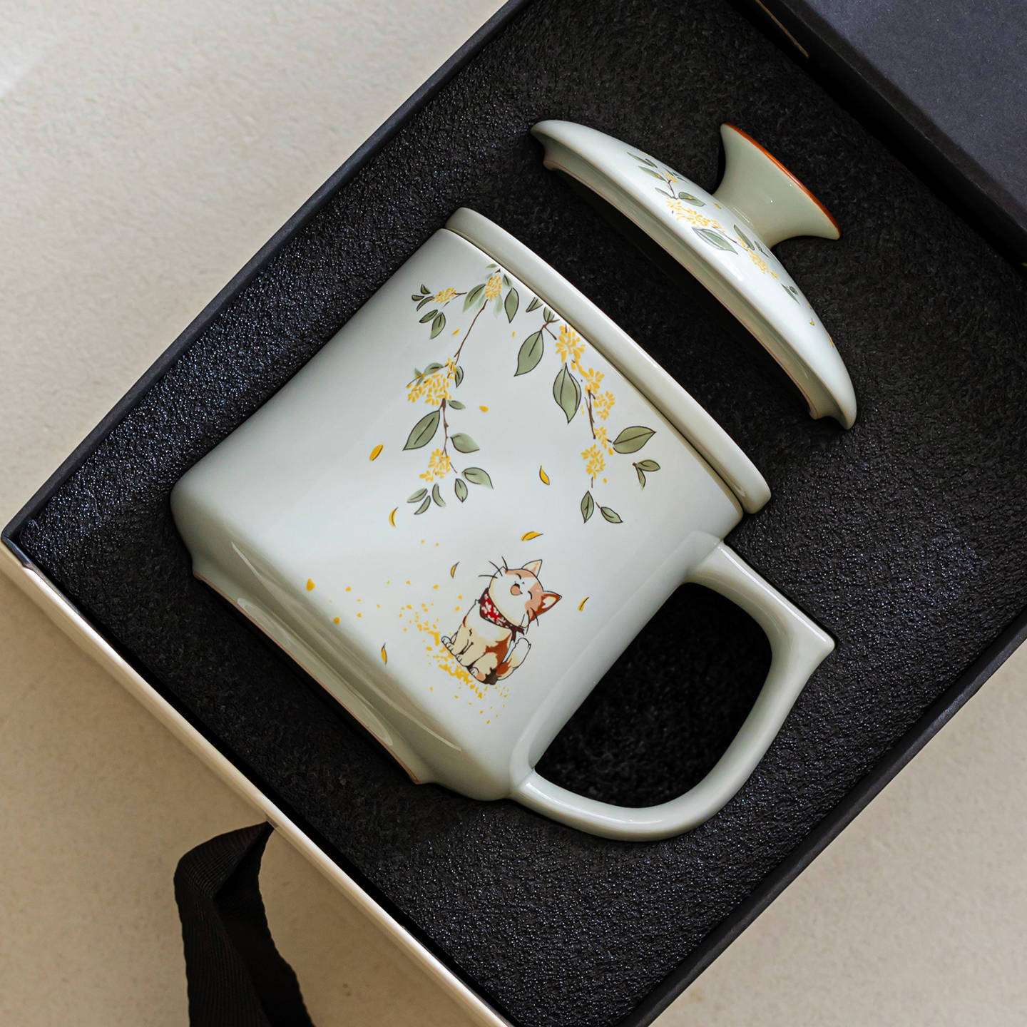 桂花小猫陶瓷杯茶杯喝茶专用带盖草木灰杯子茶水分离杯泡茶杯单杯