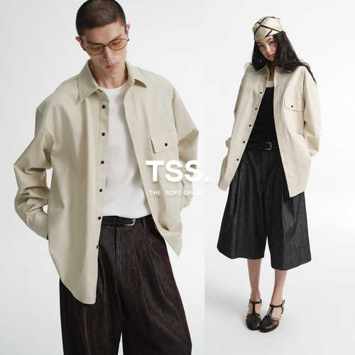 TSS.莱赛尔棉混纺牛仔风格纯色翻领休闲宽松长袖衬衫外套男女春秋