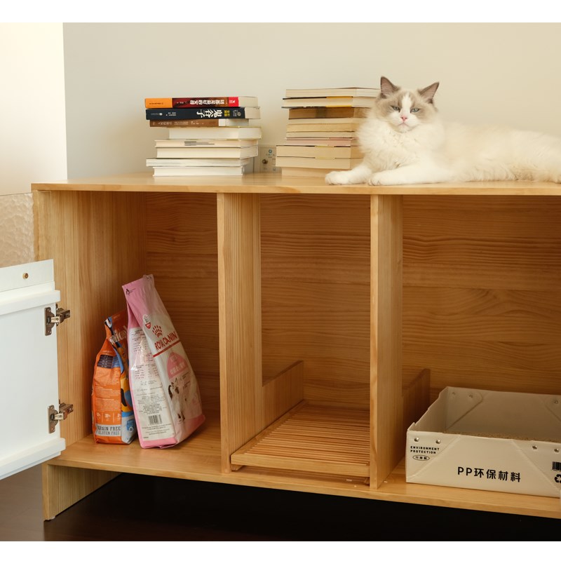 汤贰喵宅实木猫砂盆柜子大号封闭式原木猫厕所防外溅人猫共用家具