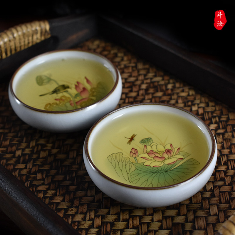 高端内绘粉彩汝窑普洱茶杯景德镇纯手工手绘蜻蜓荷花主人杯品茗杯