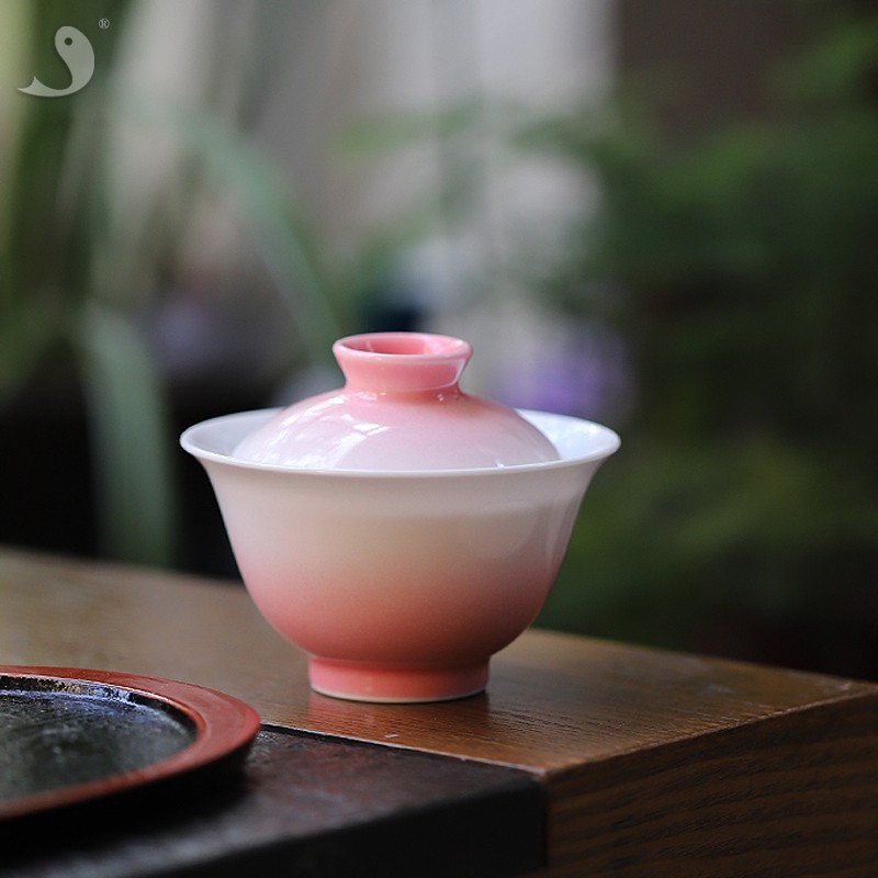 大鱼美器桃花片泡茶碗景德镇纯手工高温陶瓷干泡盖碗女士茶具礼品