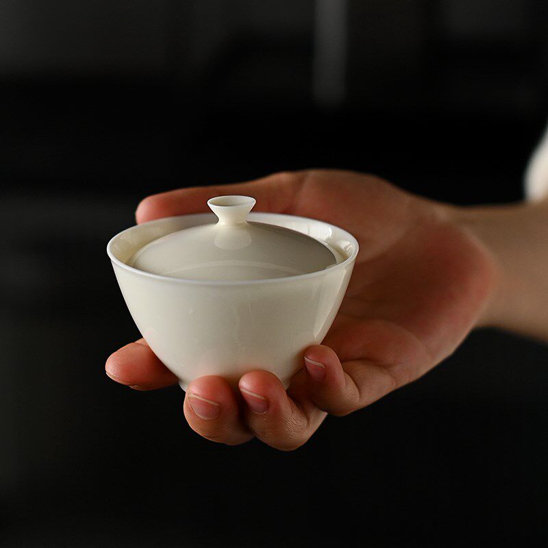厚皿德化白瓷茶具盖碗陶瓷茶杯薄胎单个小号猪油白二才碗泡茶碗