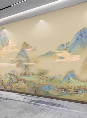 新中式墙布千里江山图壁纸汉服拍照摄影壁画酒店餐厅茶室背景墙纸
