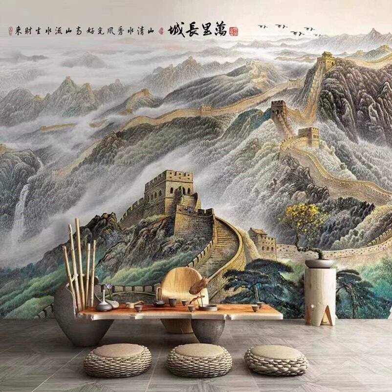 8d中式万里长城背景墙纸办公室客厅招财山水画壁纸酒店茶室壁布画
