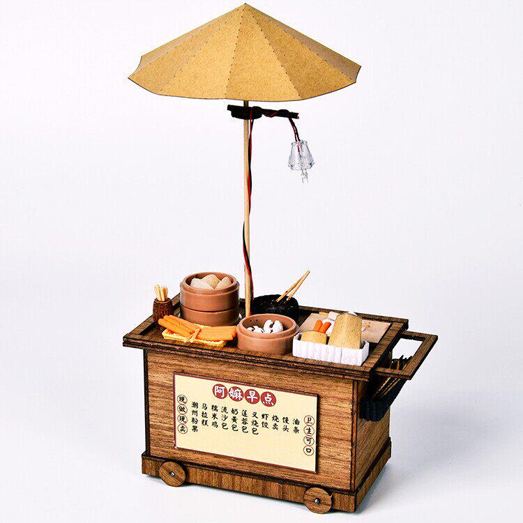 diy小屋手工制作木质食玩场景dollhouse娃娃屋配件车仔档手推车