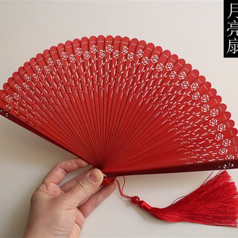 【高档精品扇】出口日式折扇 全竹扇子 礼品扇 烤漆 大红色玫瑰花